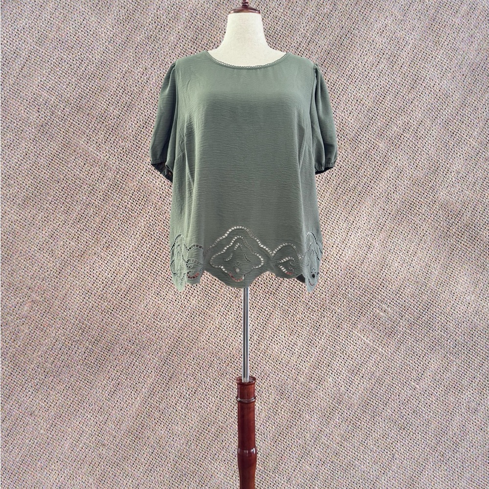 Adrianna Papell Olive Green Cutout Hem Short Sleeve Blouse